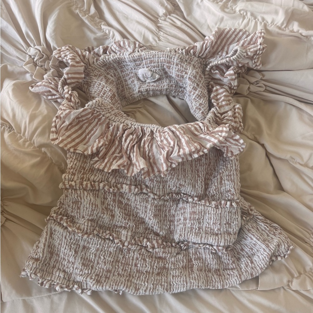 Anthropologie Beige & White Striped Smocked Ruffle Tank
